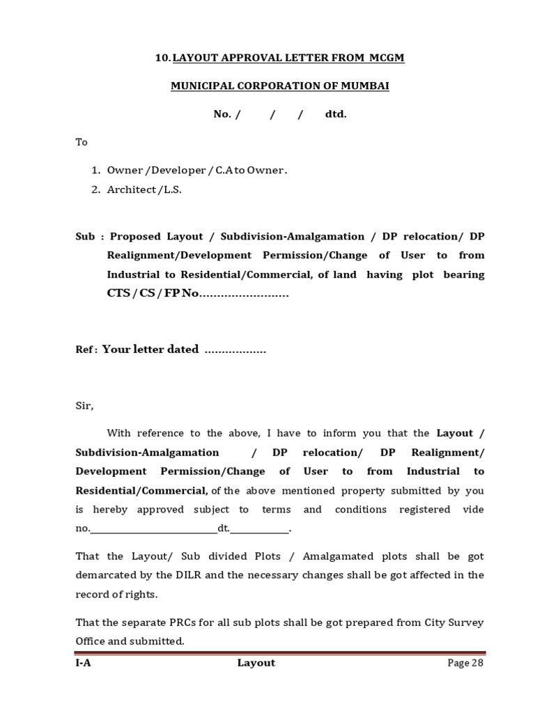 MCGM Layout Approval Letter Template | PDF