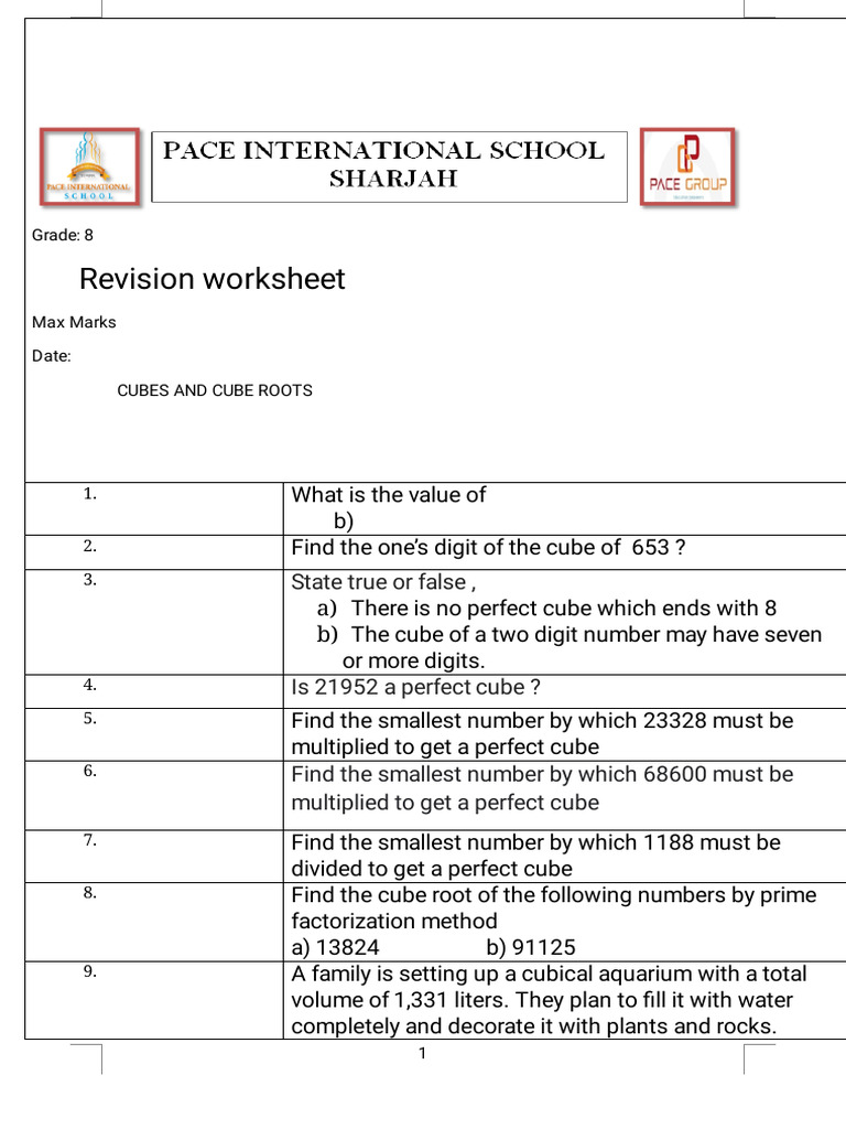 Grade 8 Cubes and Cube Roots Worksheet | PDF