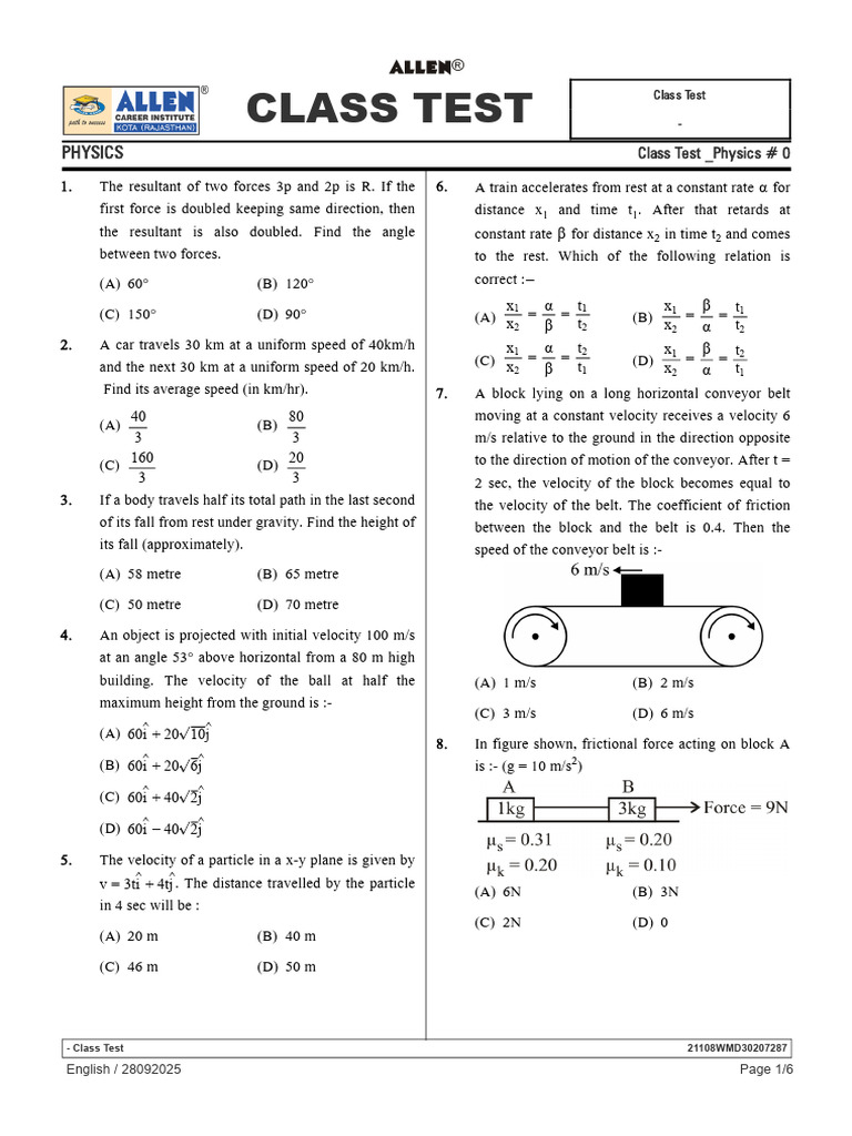 Physics Class Test Questions | PDF | Force | Friction