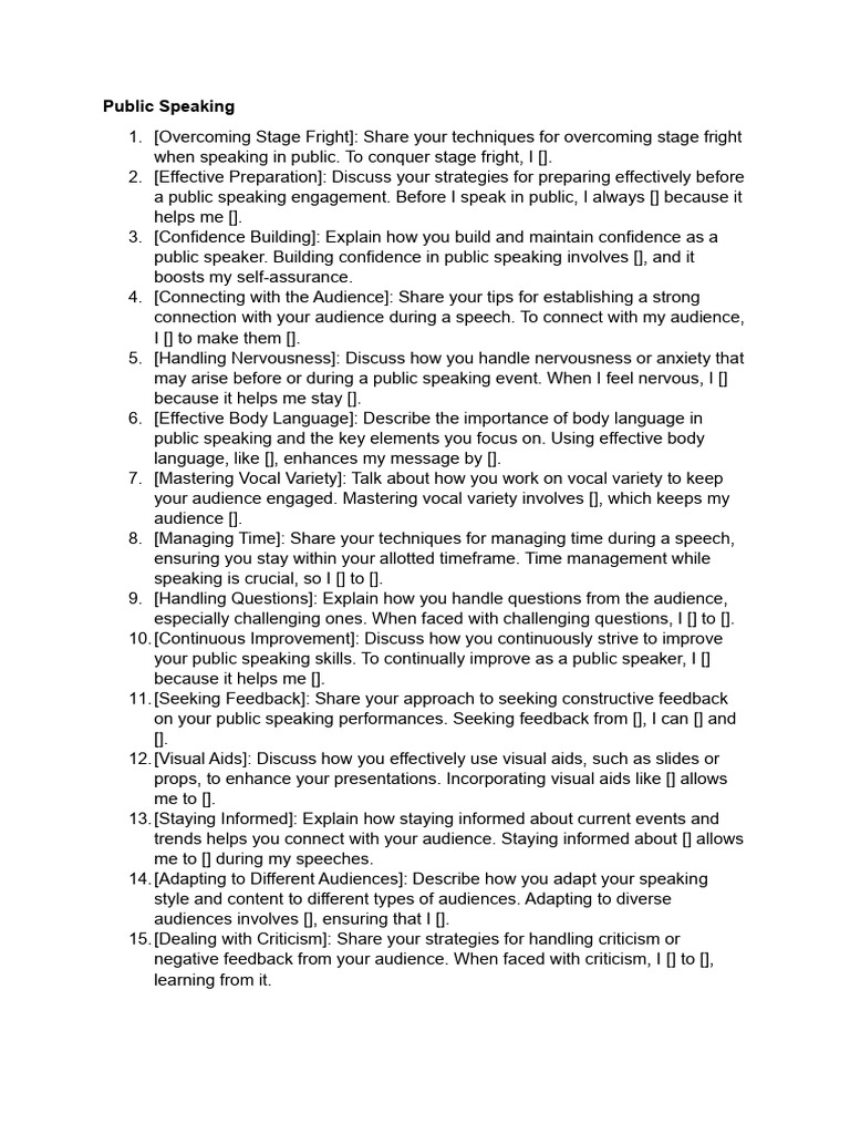 Public Speaking Techniques Prompt Sheet | PDF | Public Speaking ...