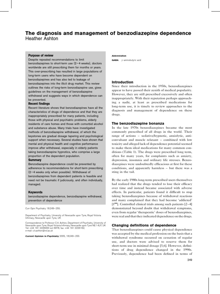 The diagnosis and management of benzodiazepine dependence by Heather
