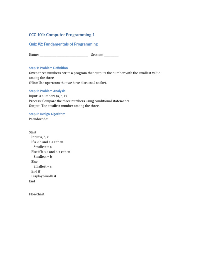 CCC101 Quiz2 With Flowchart | PDF