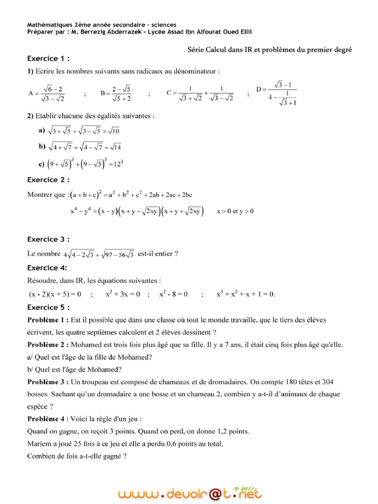Série D'exercices - Math Calcul Dans IR Et Problèmes Du 1er Degré ...