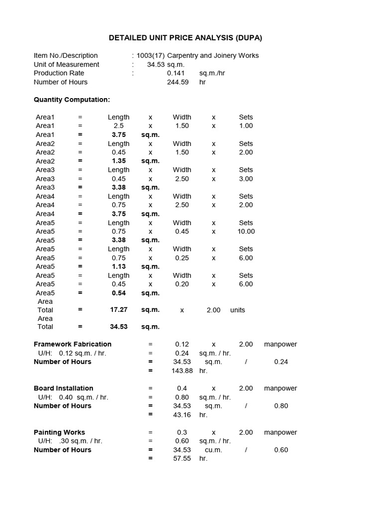 Carpentry and Joinery Cost Analysis | PDF
