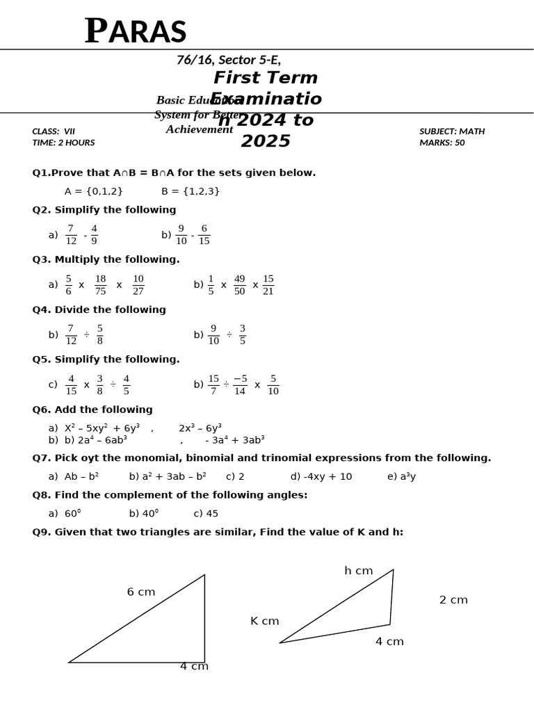 Math Exam Paper for Class VII | PDF