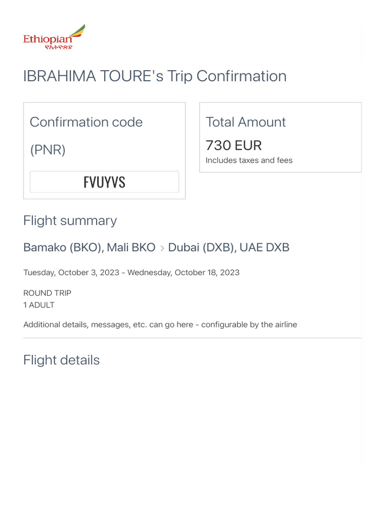 Ibrahima Toure's Flight Confirmation | PDF | Airliner | Aviation ...