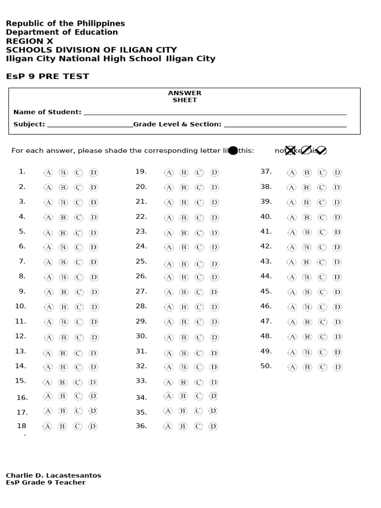 Answer Sheet Esp Grade 9 Pre Test Sy 2025-2026 | PDF