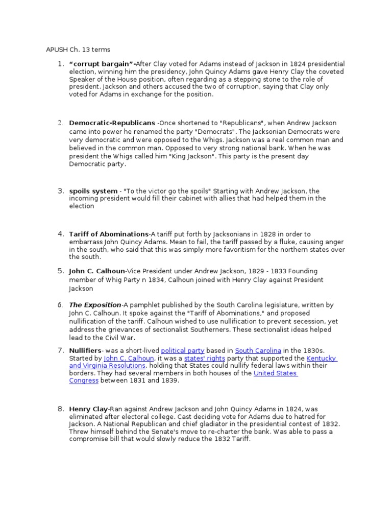 APUSH CH 13 Terms PDF Andrew Jackson Whig Party (United States)