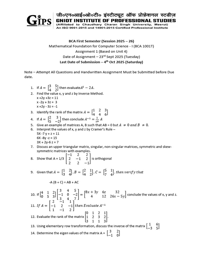 BCA Math Assignment: Matrix Solutions | PDF | Matrix (Mathematics ...