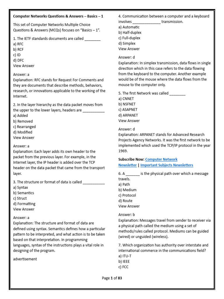 Computer Networks MCQs - Basics | PDF | Osi Model | Computer Network