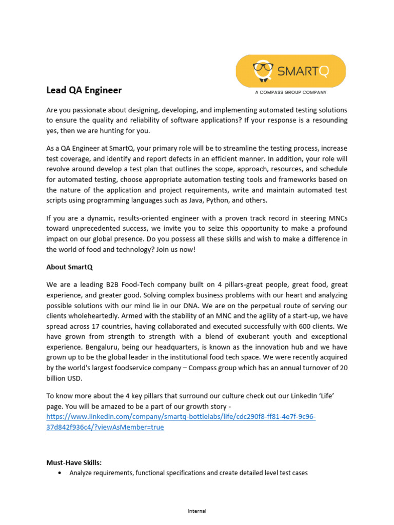 Lead Qa Engineer: About Smartq | PDF | Software Testing | Information ...