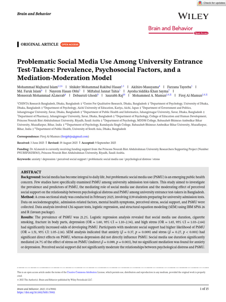 Brain and Behavior - 2025 - Islam - Problematic Social Media Use Among ...