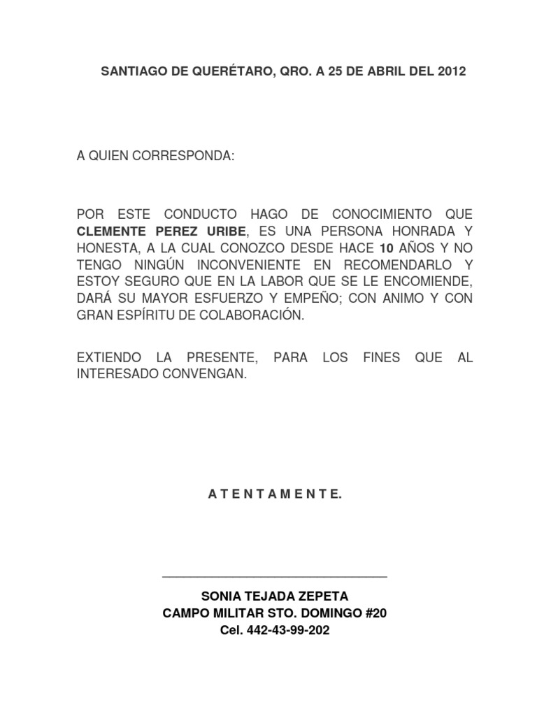 Carta recomendacion