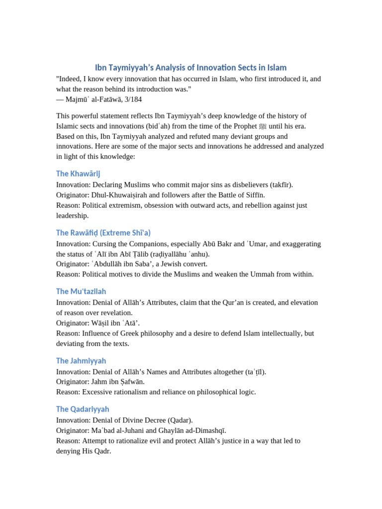 Ibn Taymiyyah on Islamic Innovations | PDF | God In Islam | Sufism