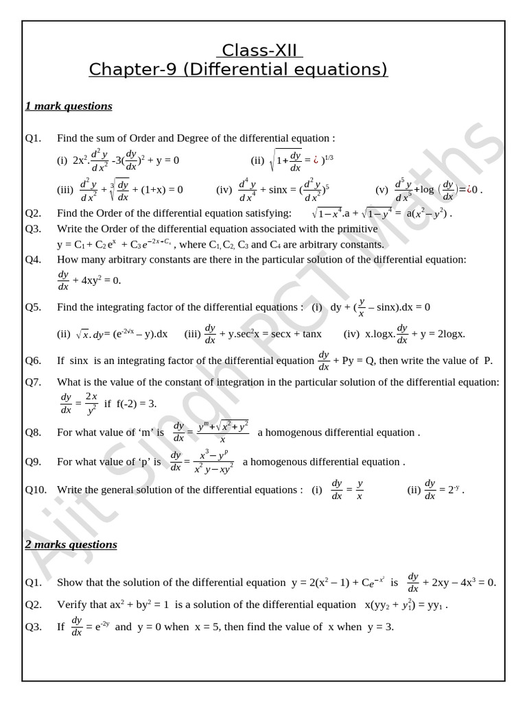 Class XII Differential Equations Q&A | PDF | Mathematical Analysis ...