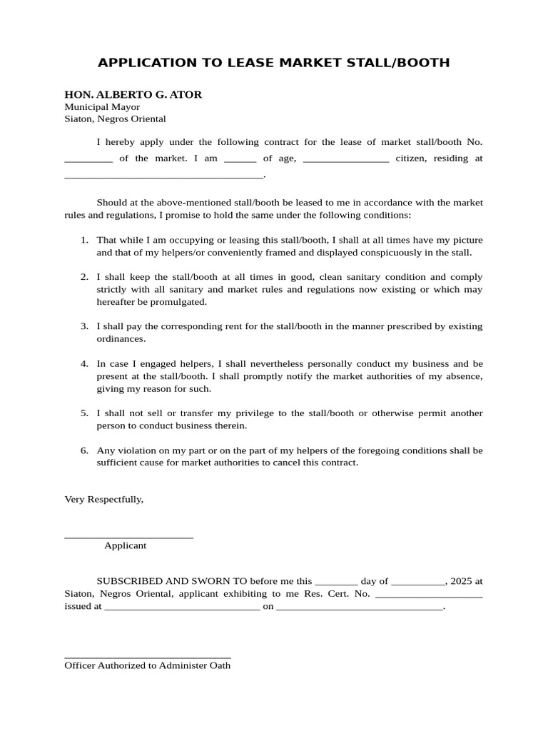 Application To Lease Market Stall or Booth | PDF