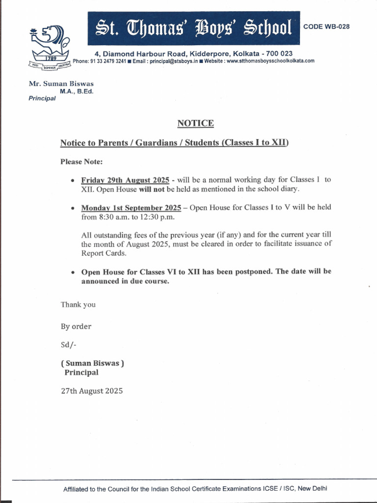 Notice Dated 27.8.25 Classes I - XII | PDF
