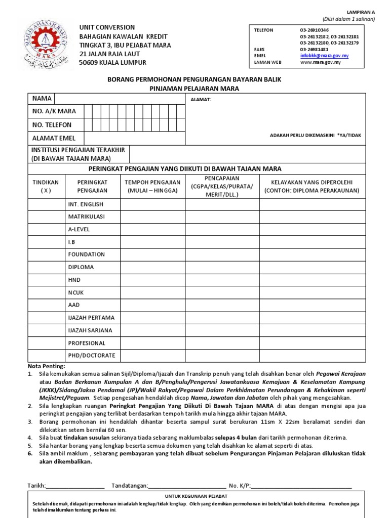 Borang Pengurangan Jumlah Bayaran Balik Pinjaman Pelajaran Conversion Pdf