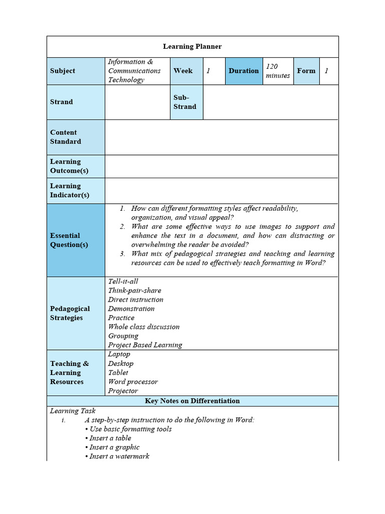 Learning Planner ICT FORM 1 For June July | PDF | Learning | Microsoft ...