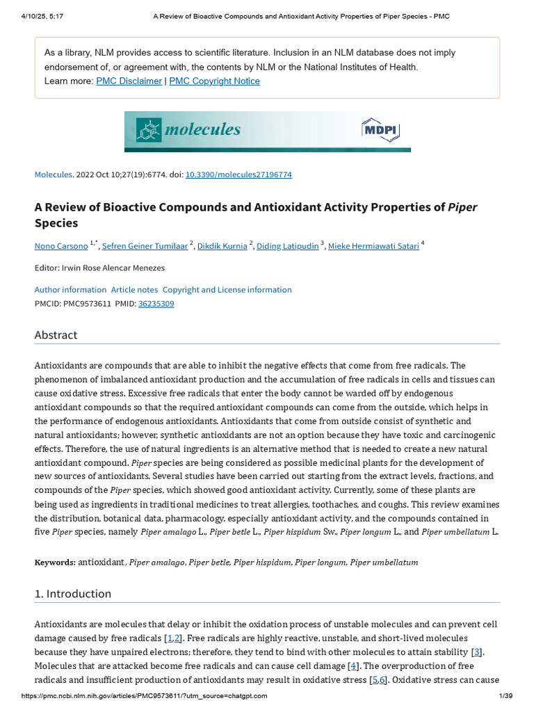 Antioxidant Properties of Piper Species | PDF | Antioxidant | Radical ...