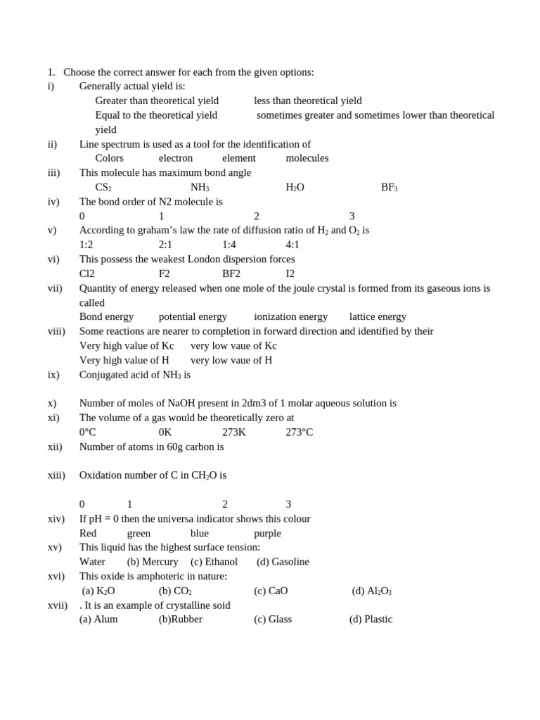 Chemistry Exam Questions and Answers | PDF | Molecules | Chemical Reactions