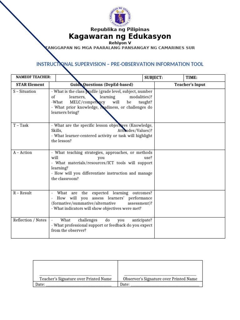 Pre-Observation Tool for Teachers | PDF