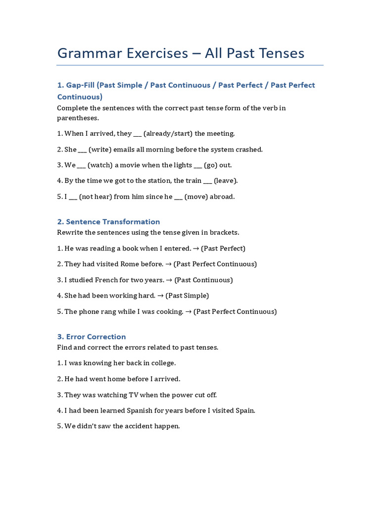 Past Tense Grammar Exercises | PDF | Grammatical Tense | Grammar