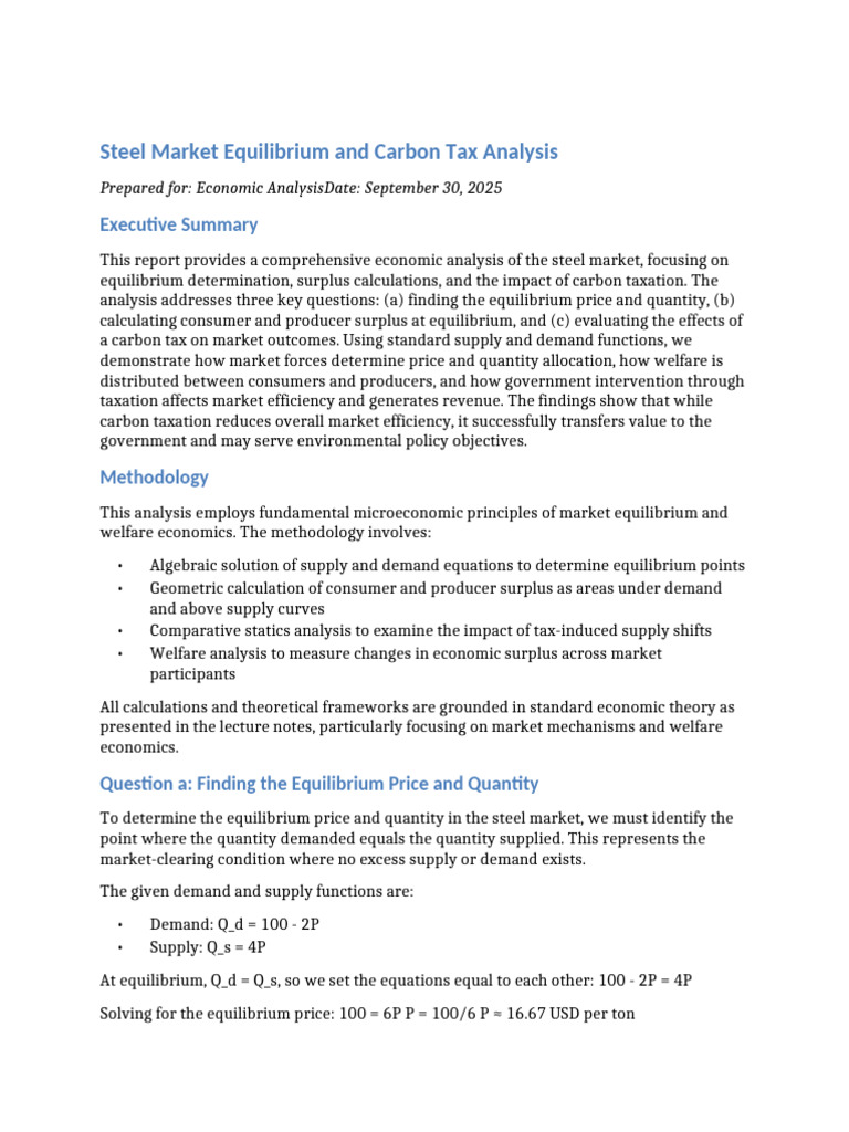 Steel Market Equilibrium and Carbon Tax Analysis | PDF | Economic ...