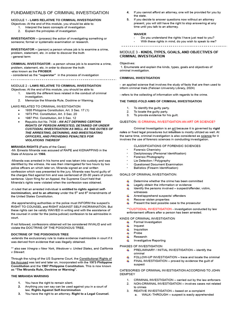 Criminal Investigation Fundamentals Guide | PDF | Miranda Warning ...