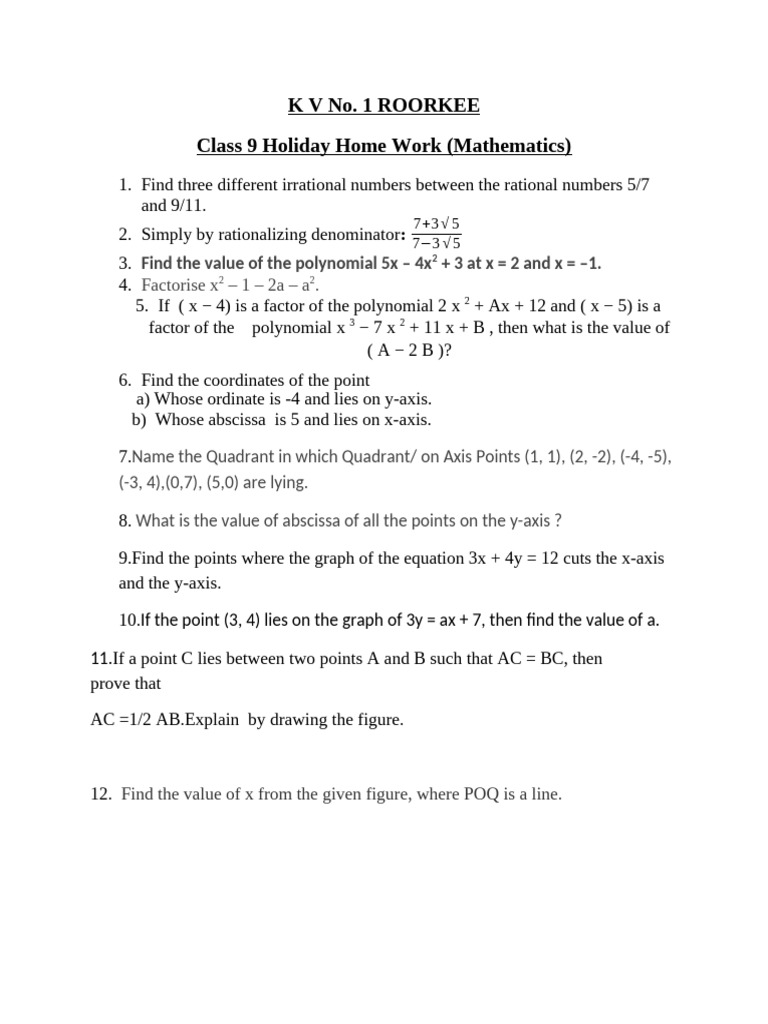 Class 9 Math Holiday Homework Tasks | PDF