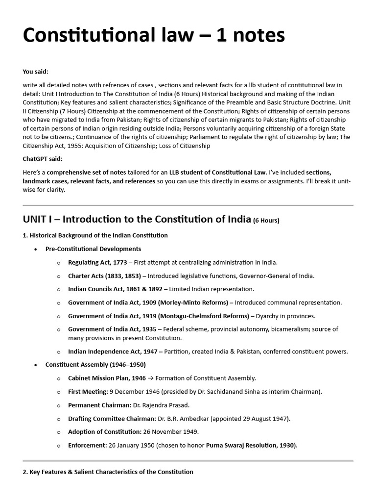 Constitutional Law Notes | PDF | Government Of India | Governance
