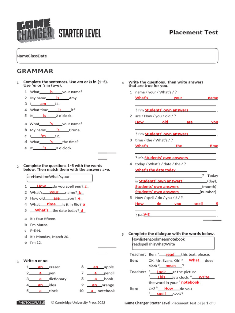 Game Changer Starter Level Test | PDF | Linguistics