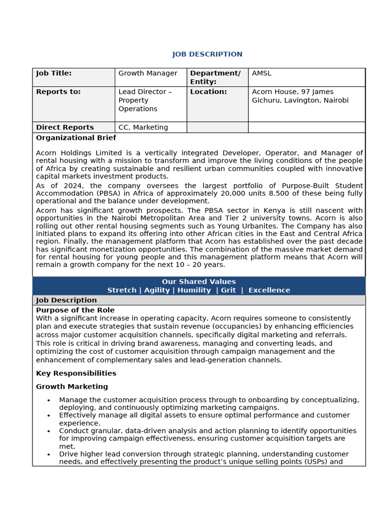 Growth Manager Job Description at Acorn | PDF | Mergers And ...