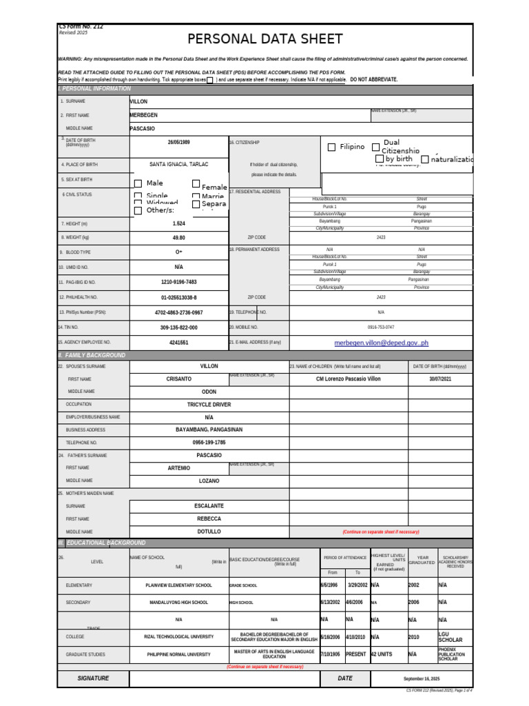 CSC Form 212: Personal Data Sheet 2025 | PDF | Crimes | Crime & Violence