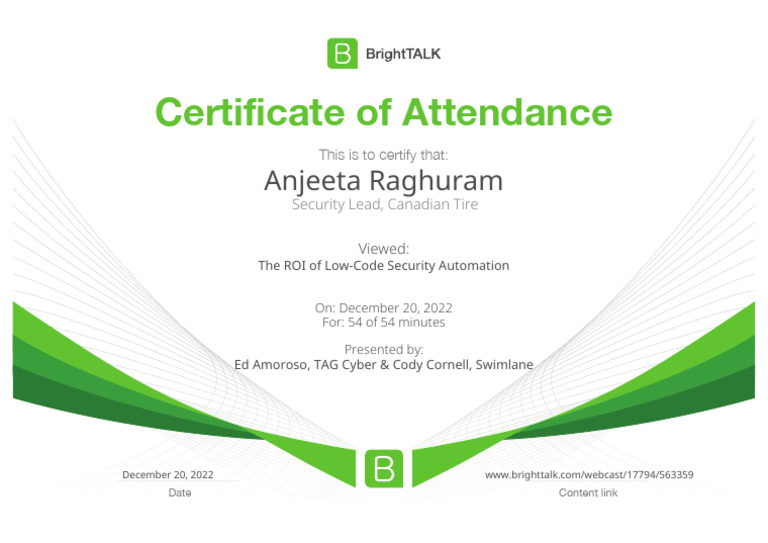 Brighttalk Viewing Certificate The Roi of Low Code Security Automation ...