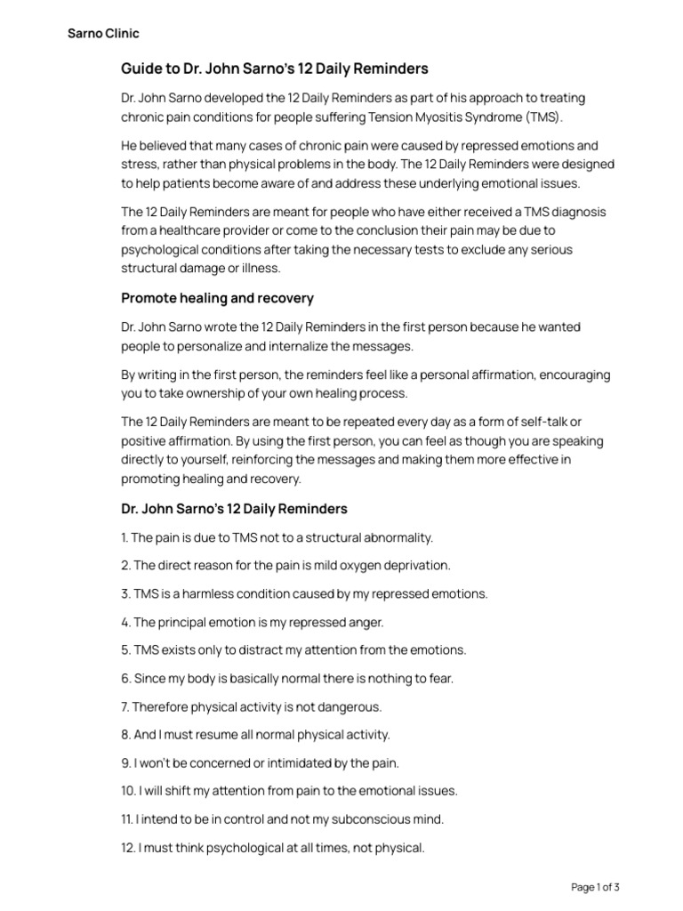 Dr. Sarno's 12 Daily Reminders Guide | PDF | Pain | Chronic Pain