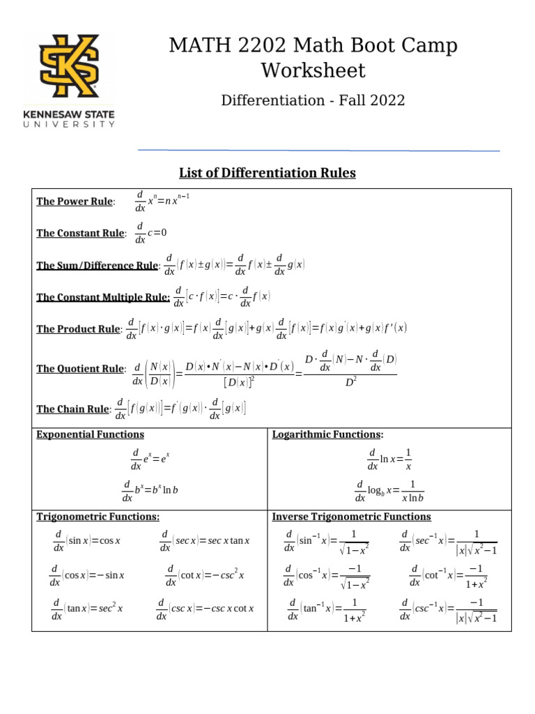 Differentiation Rules Worksheet 2022 | PDF | Mathematical Objects ...