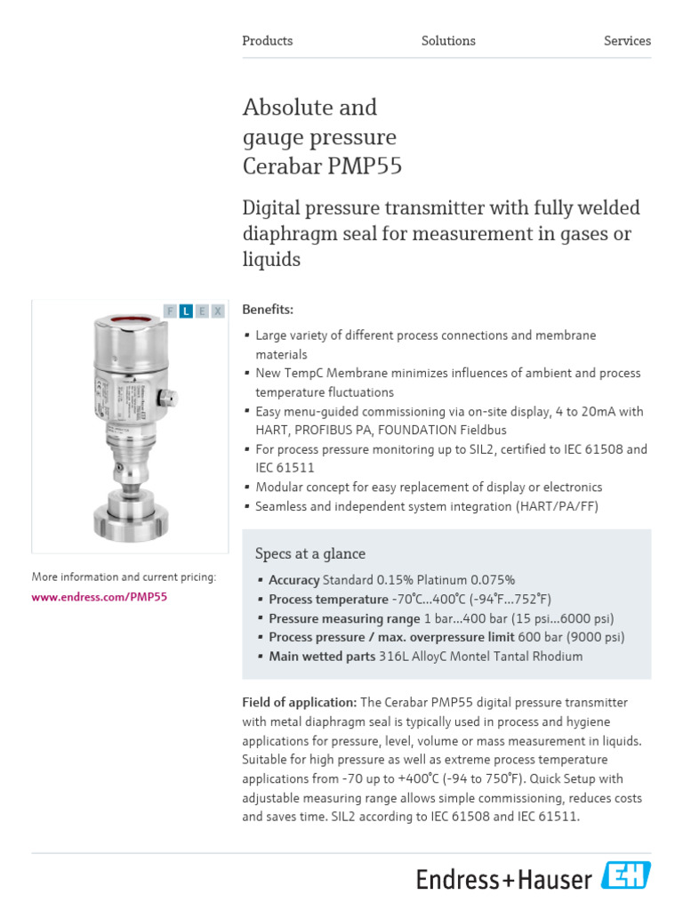 Endress-Hauser Cerabar M PMP55 en | PDF | Pressure Measurement | Pressure