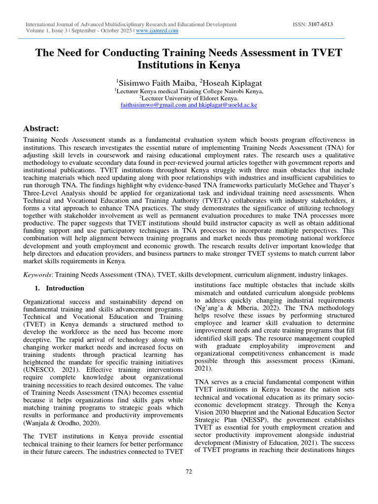 Training Needs Assessment in Kenyan TVET | PDF | Vocational Education ...