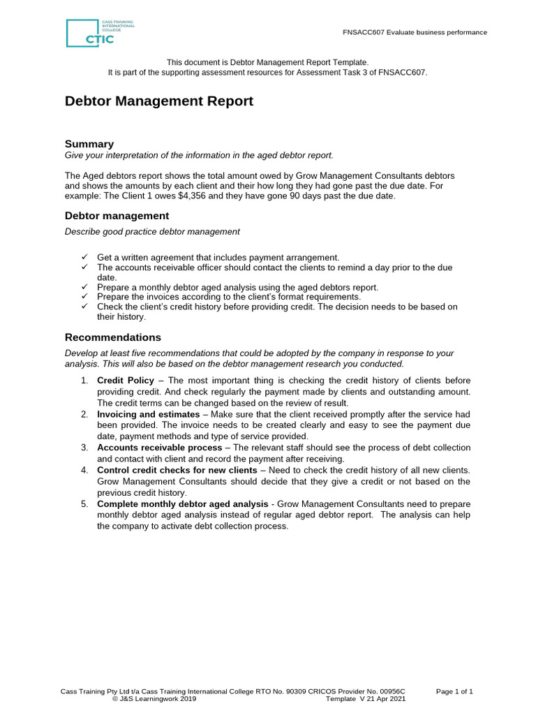 Debtor Management Report Template | PDF | Credit | Finance & Money ...