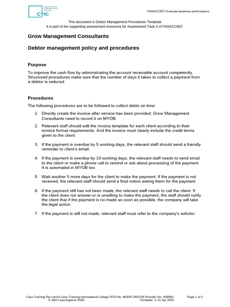 Debtor Management Procedures Template | PDF
