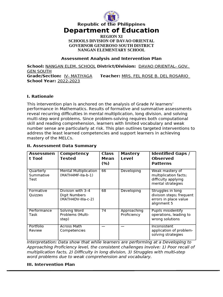Grade IV Math Intervention Plan | PDF | Educational Assessment | Human ...