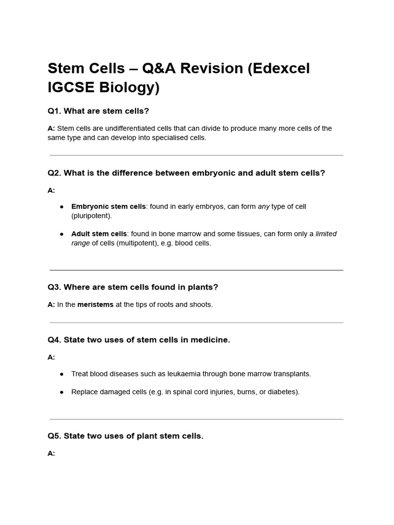 Stem Cells: Key Concepts for IGCSE | PDF
