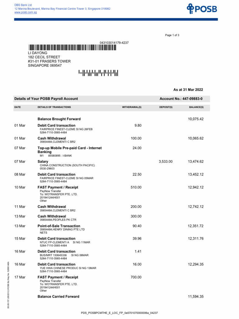POSB Payroll Account Statement Summary | PDF | Deposit Account | Debit Card