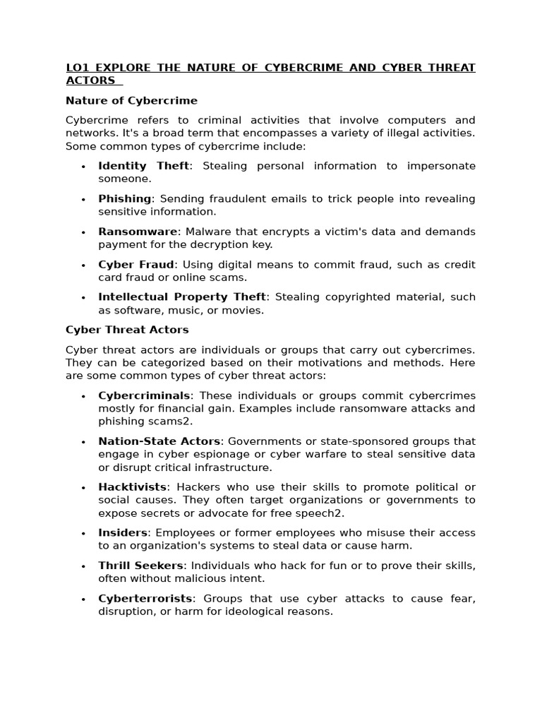 Lo1 Explore The Nature of Cybercrime and Cyber Threat Actors | PDF