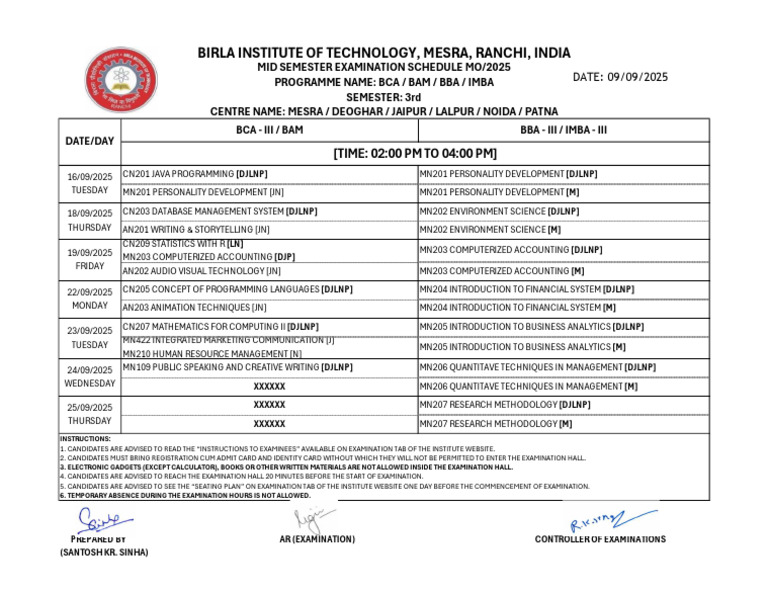 Mid Semester Exam Schedule 2025 | PDF | Computing