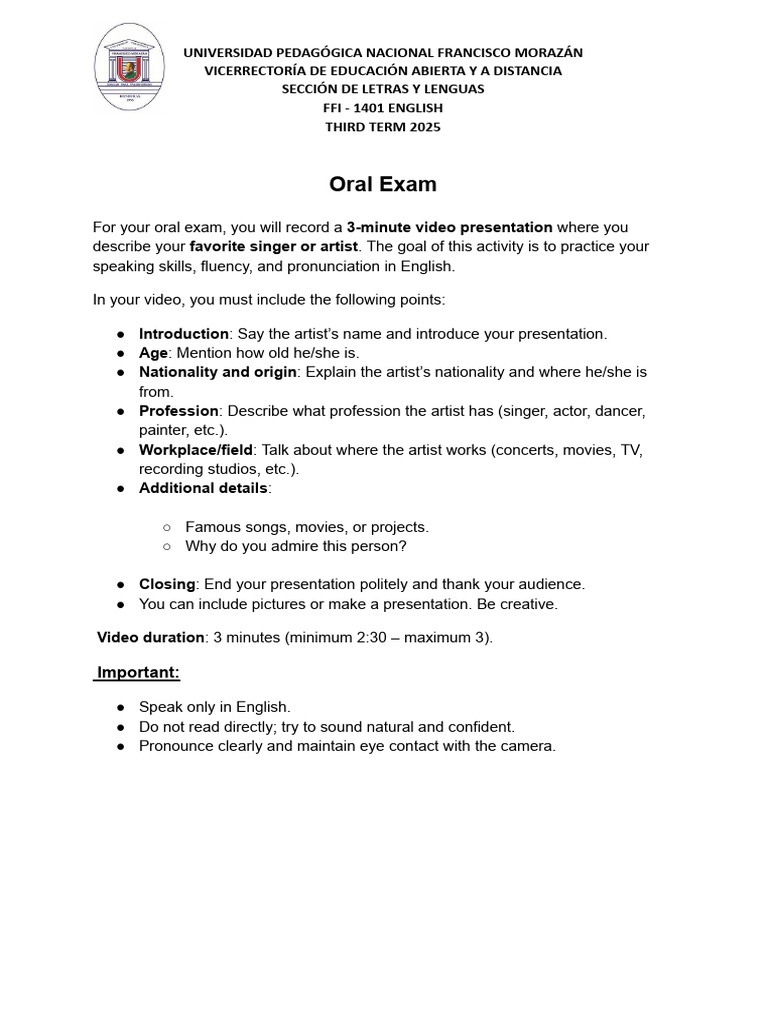 Oral Exam Guidelines for English FFI-1401 | PDF