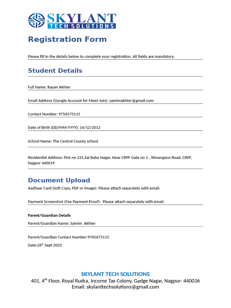 Student Registration Form for Skylant Tech | PDF