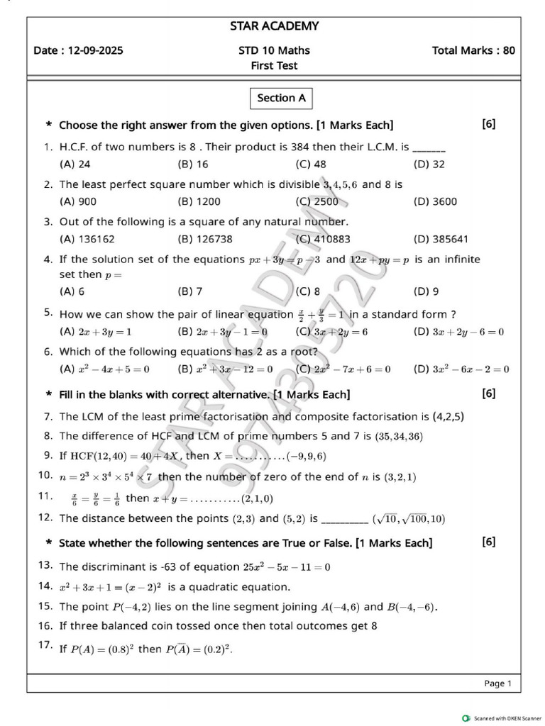 10 Standard Maths 1st-1 | PDF