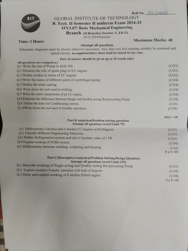 B.Tech 1st Year Midterm Exam Model Paper | PDF